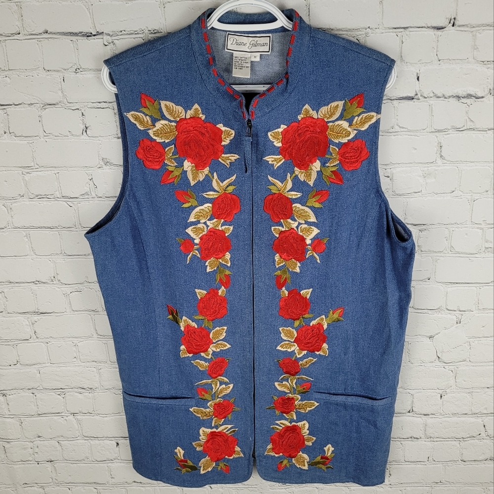 DIANE GILMAN | denim jean embroidered rose zip vest
